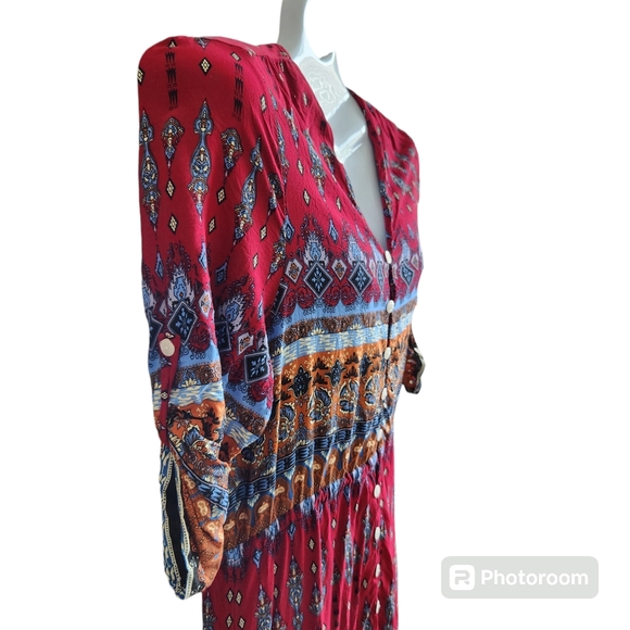 R. Vivimos Southwestern Aztec Print Button-Up Flowing Feminine Maxi Dress L - Picture 8 of 15